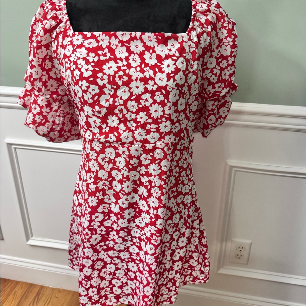 Red & White Floral Square-Neck Mini Dress
